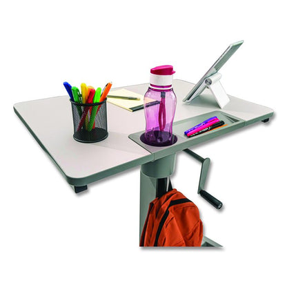 Sit Stand Student Desk with Crank Handle, 27.5 x 19.5 x 26.25 to 42, White/Gray