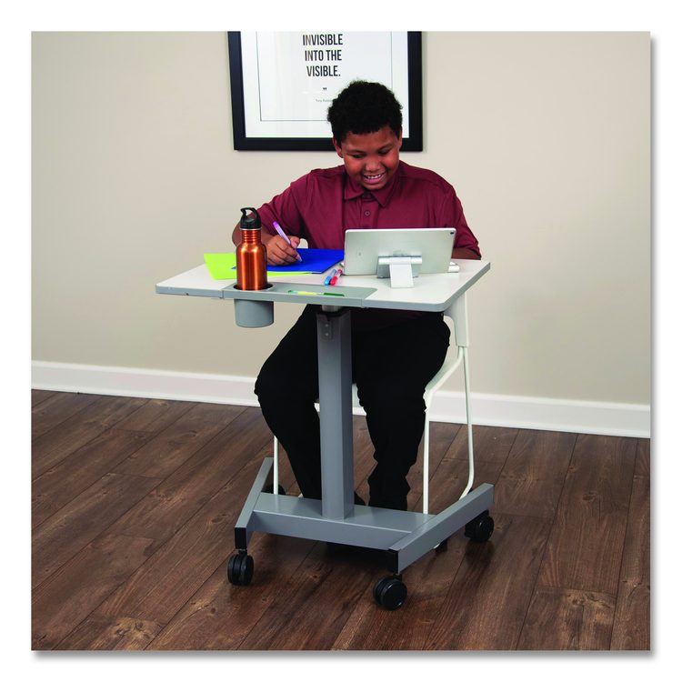Pneumatic Sit Stand Desk, 27.5 x 19.5 x 26.25 to 42, White/Gray