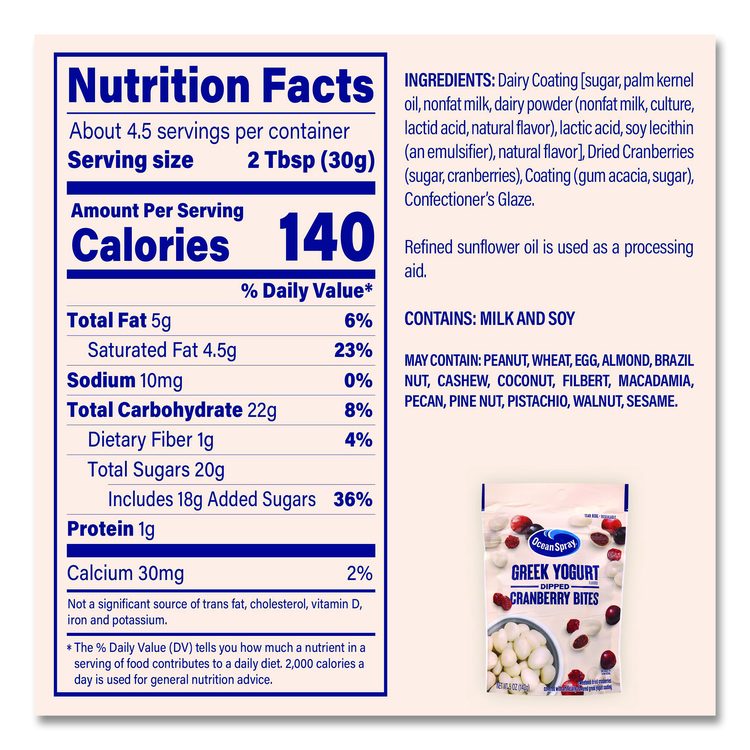 Greek Yogurt Dipped Cranberry Bites, Cranberry/Yogurt, 5 oz Bag, 12/Carton