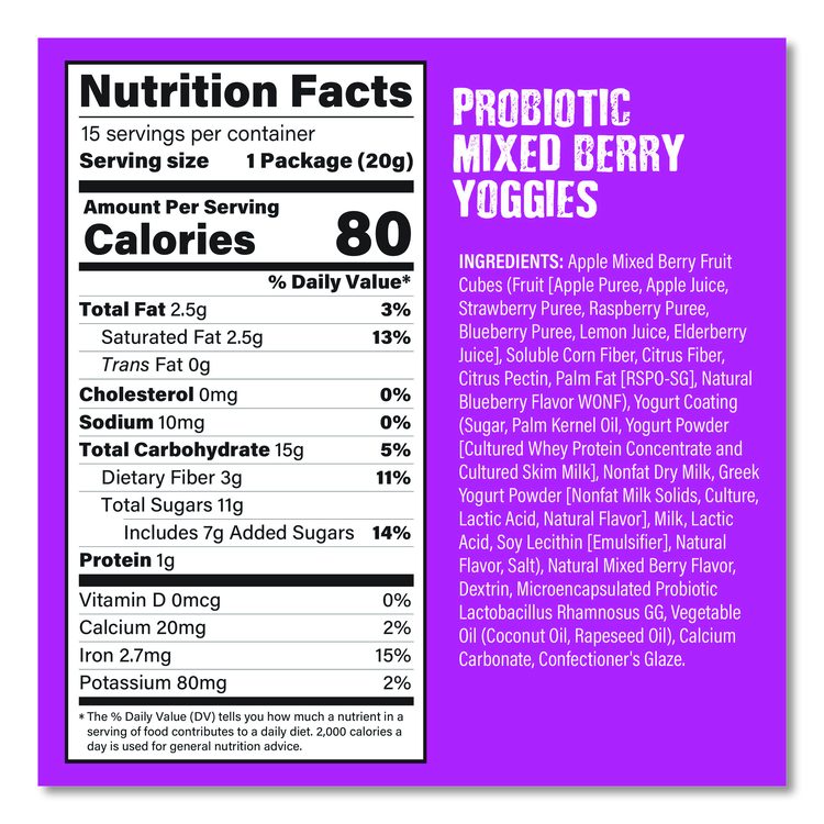 Probiotic Yoggies Variety Snack Pack, Assorted Flavors, 0.7 oz Bag, 30/Carton