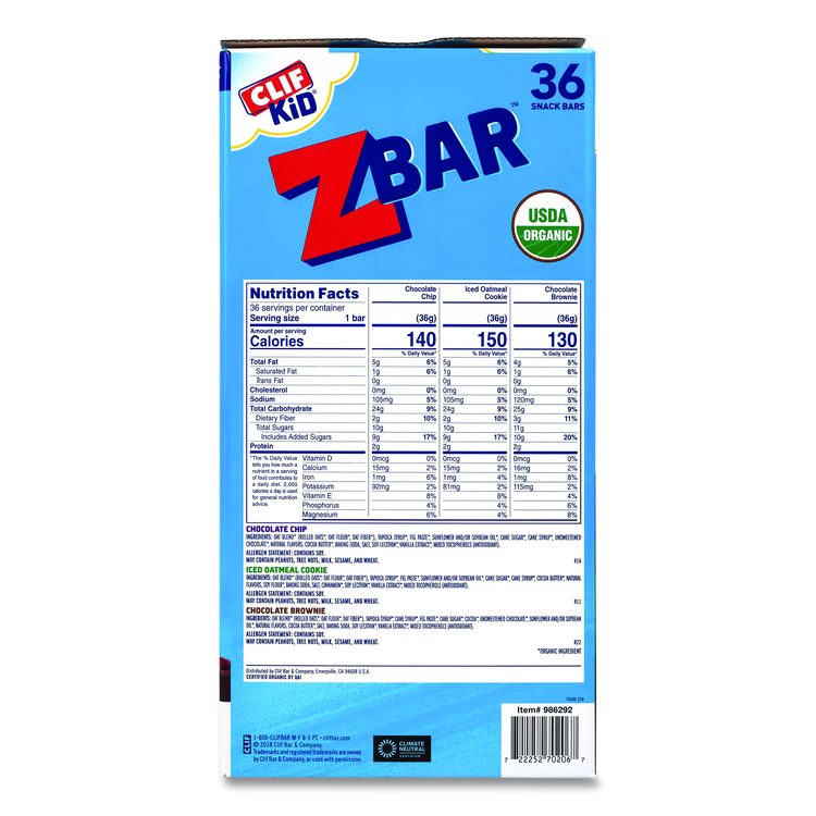 Kid Organic Zbar Granola Bars Variety Pack, Assorted Flavors, 1.27 oz Bar, 36/Carton