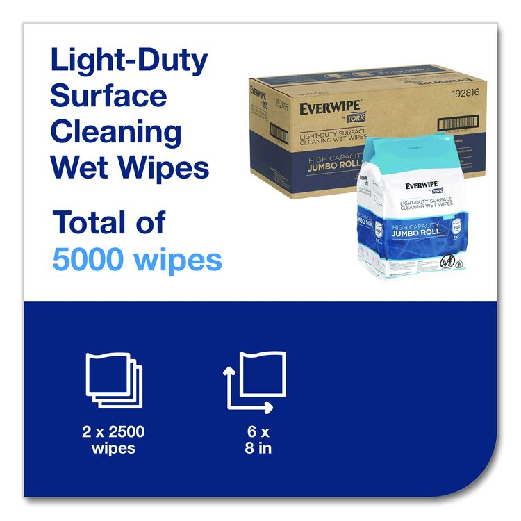 Light-Duty Surface Cleaning Wet Wipe, 1-Ply, 8 x 6, Unscented, White, 2,500 Sheets/Roll, 2 Rolls/Carton