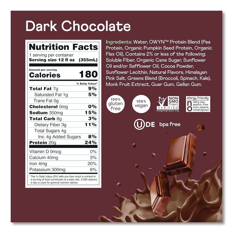 20 g Protein Drink, Chocolate, 12 oz Bottle, 12/Carton