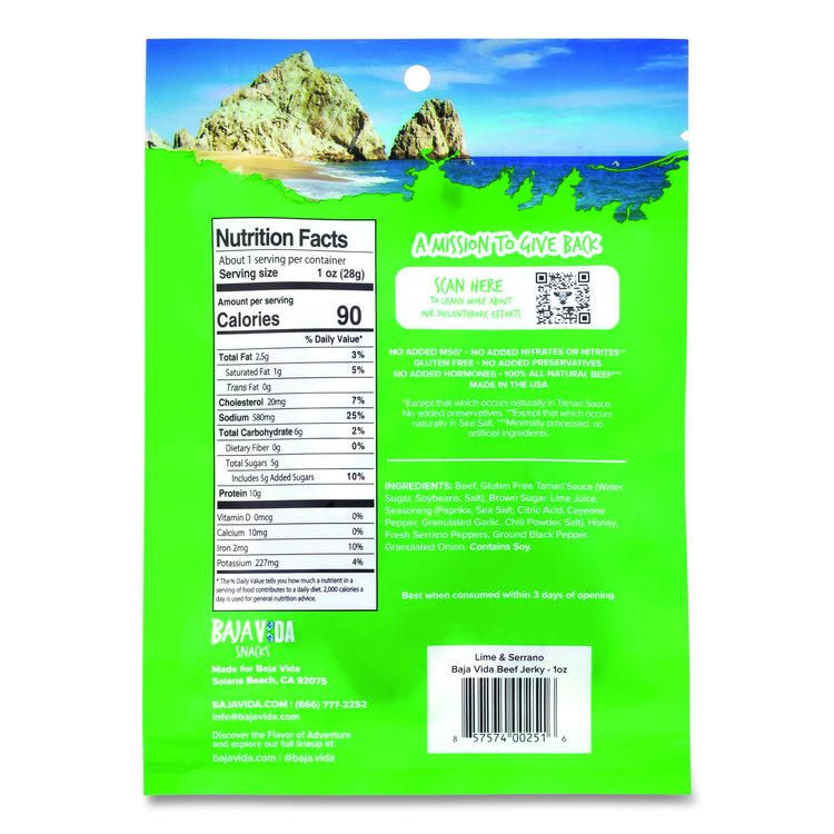 Beef Jerky Lime and Serrano Pepper Snack Pack, Lime and Serrano Pepper, 1 oz Packet, 12/Carton