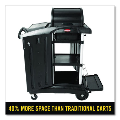 Executive High Security Janitorial Cleaning Cart, Plastic, 4 Shelves, 1 Bin, 23.1" x 39.6" x 27.5", Black