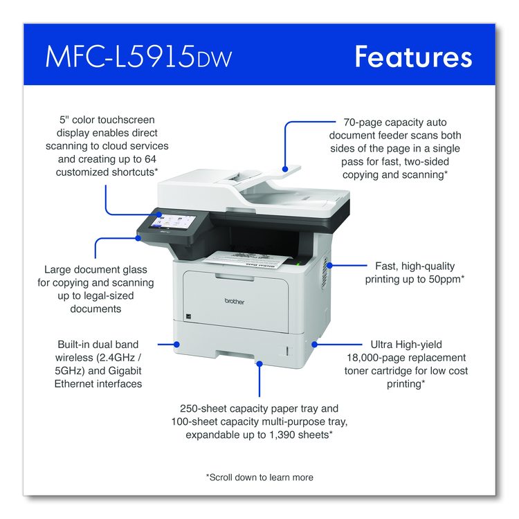 MFC-L5915DW Business Monochrome AIO Laser Printer, Copy/Fax/Print/Scan