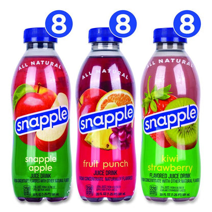 Juice Drink Variety Pack, Snapple Apple, Fruit Punch, Kiwi Strawberry, 20 oz Bottle, 24/Carton