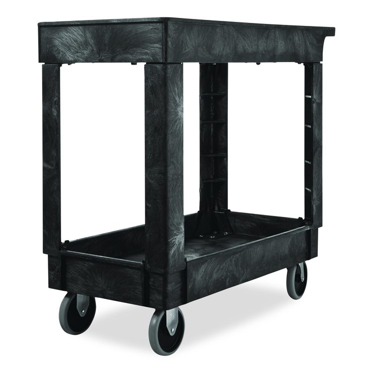 Heavy-Duty Flat-Handle Maintenance/Utility Cart, Plastic, 2 Shelves, 500 lb Capacity, 34.13" x 17.38" x 32.38", Black
