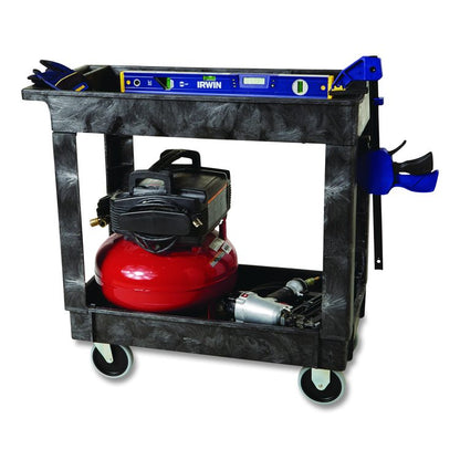 Heavy-Duty Flat-Handle Maintenance/Utility Cart, Plastic, 2 Shelves, 500 lb Capacity, 34.13" x 17.38" x 32.38", Black