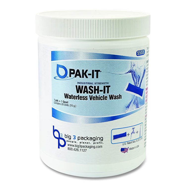 Wash It Waterless Vehicle Wash, Breezy Scent, 20 Water-Soluble Packets/Jar, 12/Carton
