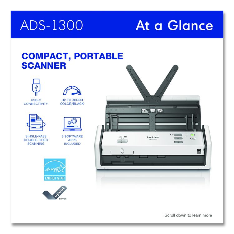 ADS-1300 Compact Desktop Scanner, 600 dpi Optical Resolution, 20-Sheet Duplex Auto Document Feeder