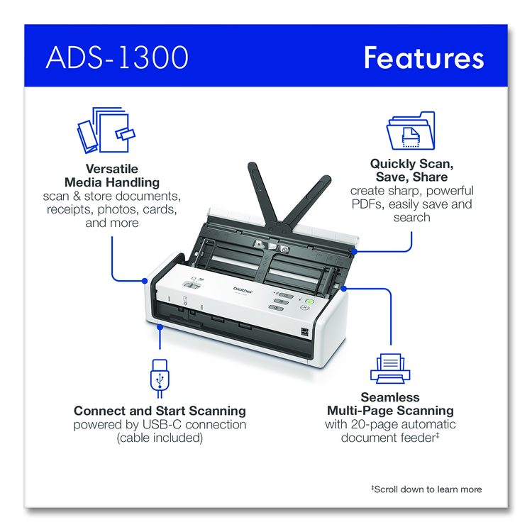 ADS-1300 Compact Desktop Scanner, 600 dpi Optical Resolution, 20-Sheet Duplex Auto Document Feeder