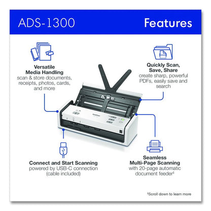ADS-1300 Compact Desktop Scanner, 600 dpi Optical Resolution, 20-Sheet Duplex Auto Document Feeder