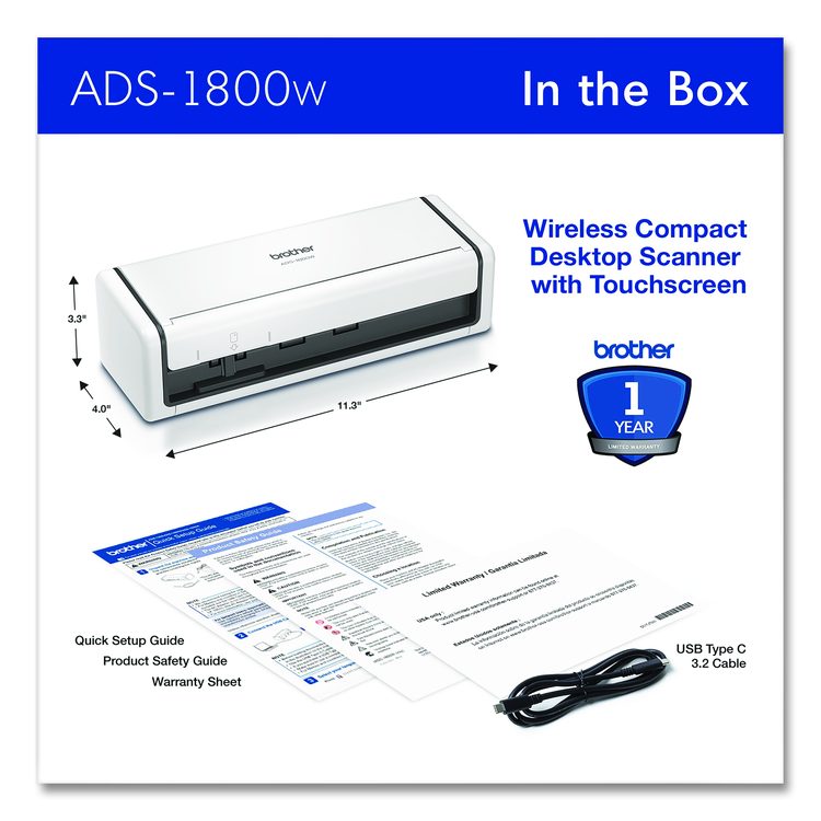 ADS-1800W Compact Desktop Scanner, 600 dpi Optical Resolution, 20-Sheet Duplex Auto Document Feeder