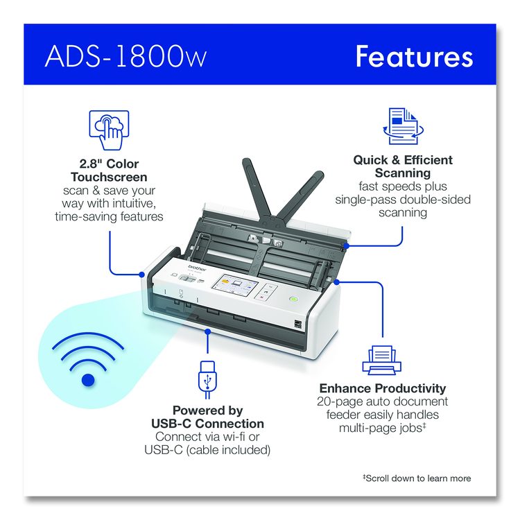 ADS-1800W Compact Desktop Scanner, 600 dpi Optical Resolution, 20-Sheet Duplex Auto Document Feeder