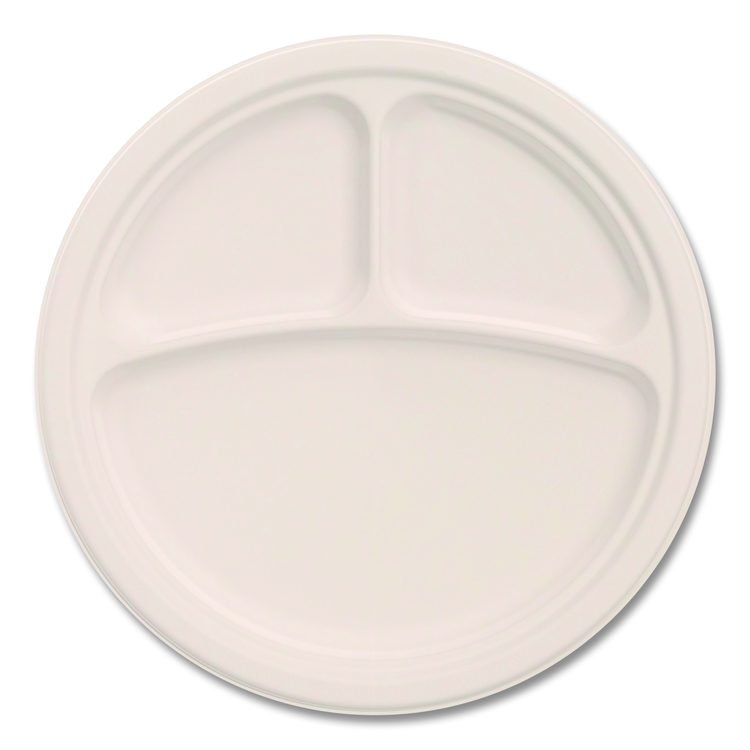 Compostable Molded Fiber Dinnerware, ProPlanet Seal, 3-Compartment Plate, 10.2" dia, Natural, 500/Carton