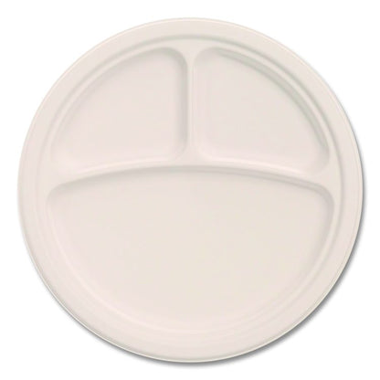 Compostable Molded Fiber Dinnerware, ProPlanet Seal, 3-Compartment Plate, 10.2" dia, Natural, 500/Carton