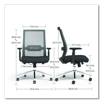 Alera Ashdale Ergonomic Fabric Swivel Task Chair, Supports 275 lb, 18.15 to 21.89 Seat Height, Black Seat/Back, Silver Base