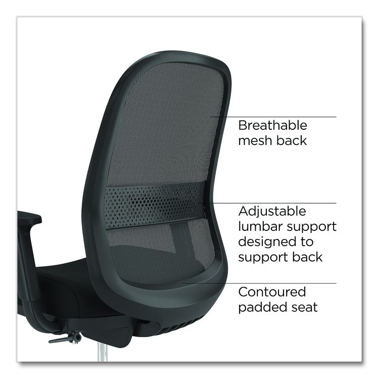 Alera Kempton Fabric Mesh Task Stool, Supports Up to 275 lb, 26.57 to 33.62 Seat Height, Black Seat, Black Back, Black Base