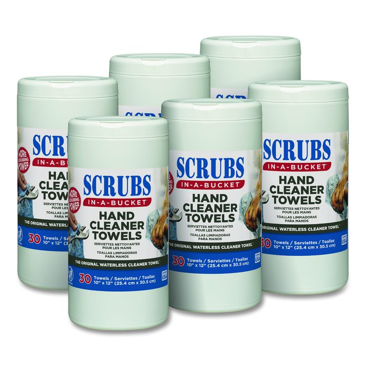 Hand Cleaner Towels, 1-Ply, 10 x 12, Citrus, Blue/White, 30/Canister, 6/Carton