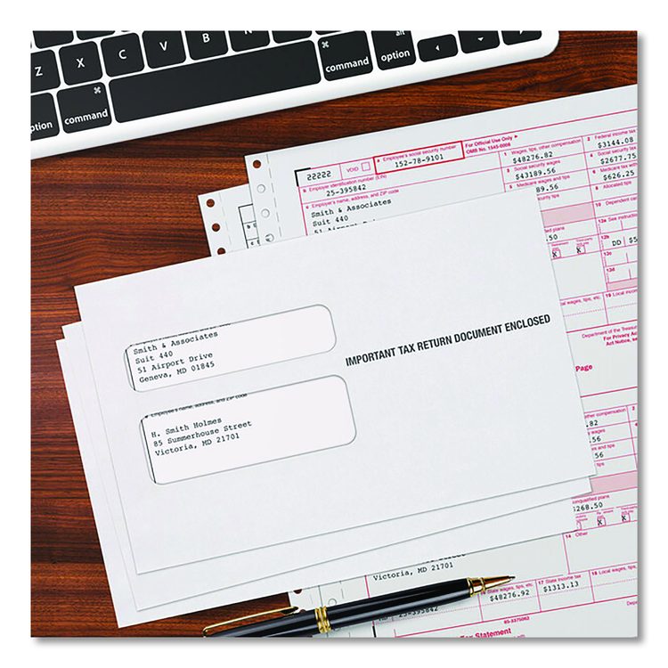 2-Up W-2 Gummed Seal Double-Window Security Tint Envelopes, Commercial Flap, 9.5 x 5.63, White, 24/Pack