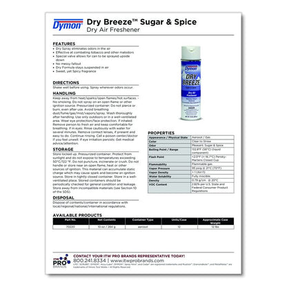 Dry Breeze Aerosol Air Freshener, Sugar and Spice, 10 oz Aerosol Spray, 12/Carton