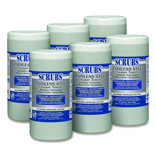 Stainless Steel Cleaner Towels, 1-Ply, 9.75 x 10.5, Lemon Scent, 30/Canister, 6 Canisters/Carton