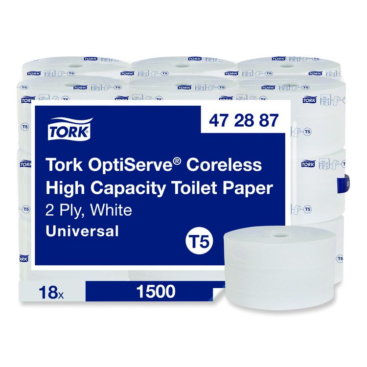 OptiServe High-Capacity Coreless Toilet Paper, 2-Ply, White, 1,500 Sheets/Roll, 18 Rolls/Carton