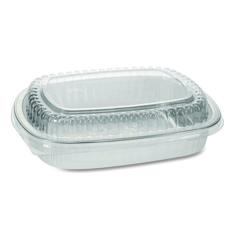 Classic Carry-Out Container with PET Dome Lid, 46 oz, 9.8 x 7.8 x 1.3, Silver/Clear, Aluminum, 50/Carton