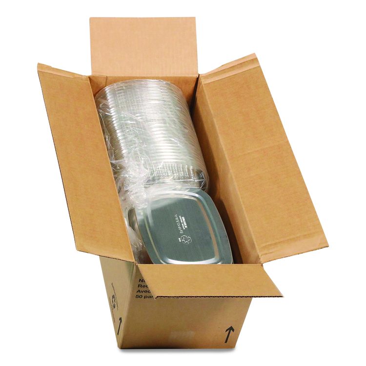 Classic Carry-Out Container with PET Dome Lid, 46 oz, 9.8 x 7.8 x 1.3, Silver/Clear, Aluminum, 50/Carton