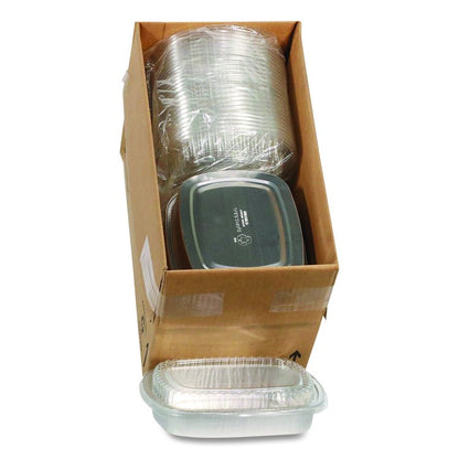 Classic Carry-Out Container with PET Dome Lid, 46 oz, 9.8 x 7.8 x 1.3, Silver/Clear, Aluminum, 50/Carton