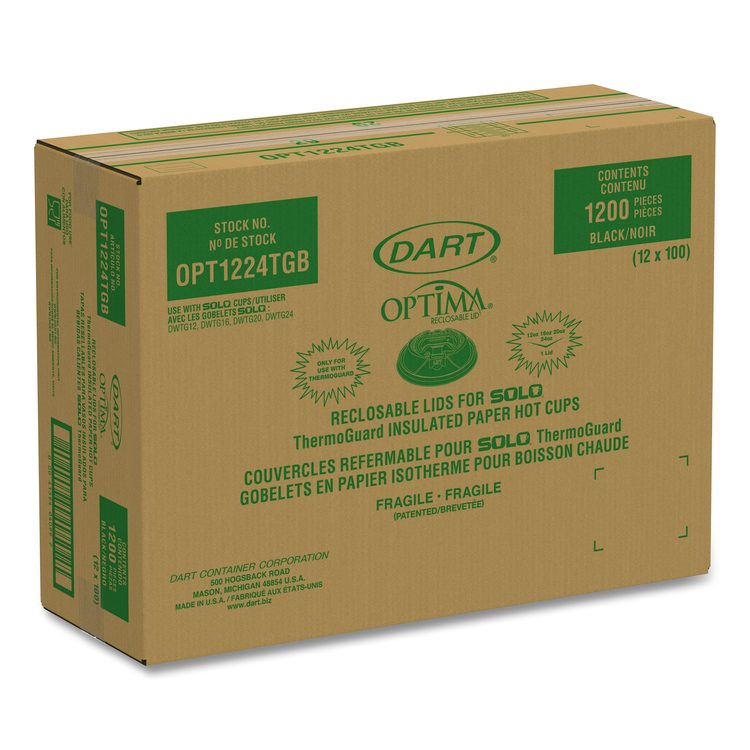 Optima Reclosable Lids for Hot Paper Cups, Fits 12 oz to 24 oz Hot Cups, Plastic, Black, 1,200/Carton