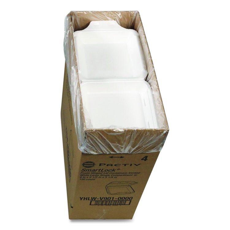 SmartLock Vented Foam Hinged Lid Container, 9 x 9.5 x 3.3, White, 150/Carton