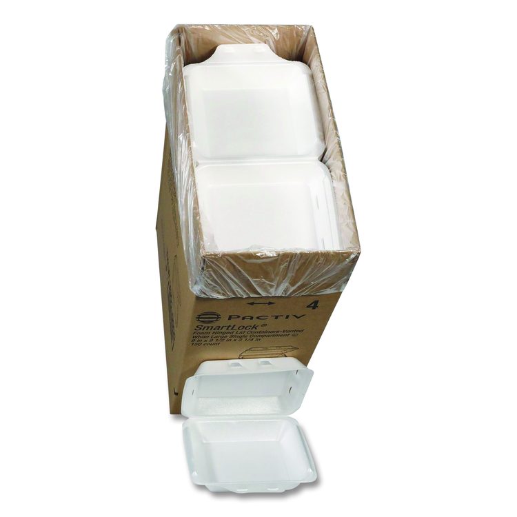 SmartLock Vented Foam Hinged Lid Container, 9 x 9.5 x 3.3, White, 150/Carton