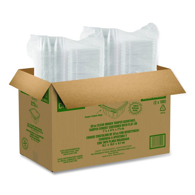 ClearPac SafeSeal rPET Tamper-Resistant/Evident Containers, Embossed Bottom, 32 oz, 6.37 x 7.15 x 2.58, Clear, 200/Carton