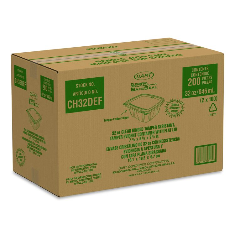 ClearPac SafeSeal rPET Tamper-Resistant/Evident Containers, Embossed Bottom, 32 oz, 6.37 x 7.15 x 2.58, Clear, 200/Carton