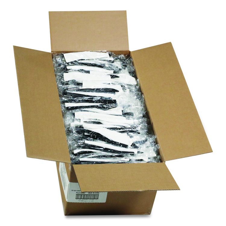 Gardenware Cutlery Kit, Individually Wrapped, Heavyweight, Fork/Knife/Napkin, Plastic, Black, 500/Carton