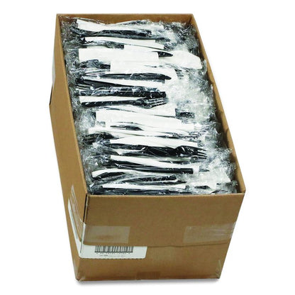 Gardenware Cutlery Kit, Individually Wrapped, Heavyweight, Fork/Knife/Napkin, Plastic, Black, 500/Carton