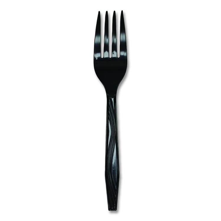 Meadoware Cutlery, Individually Wrapped, Medium Heavyweight Fork, Plastic, Black, 1,000/Carton