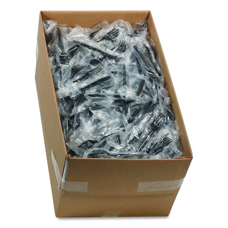 Meadoware Cutlery, Individually Wrapped, Medium Heavyweight Fork, Plastic, Black, 1,000/Carton