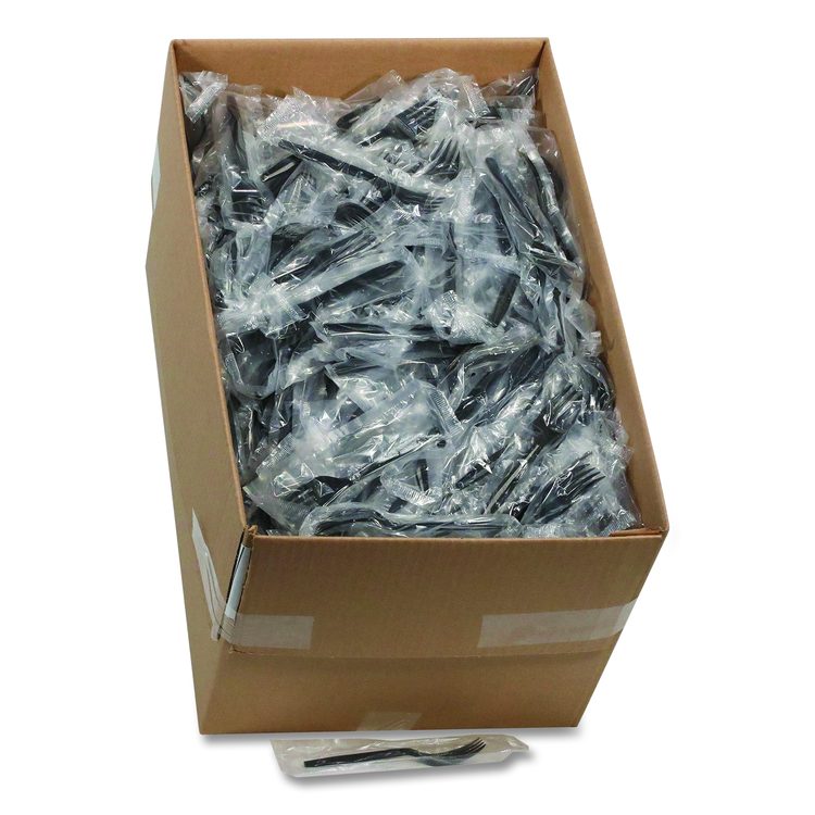 Meadoware Cutlery, Individually Wrapped, Medium Heavyweight Fork, Plastic, Black, 1,000/Carton