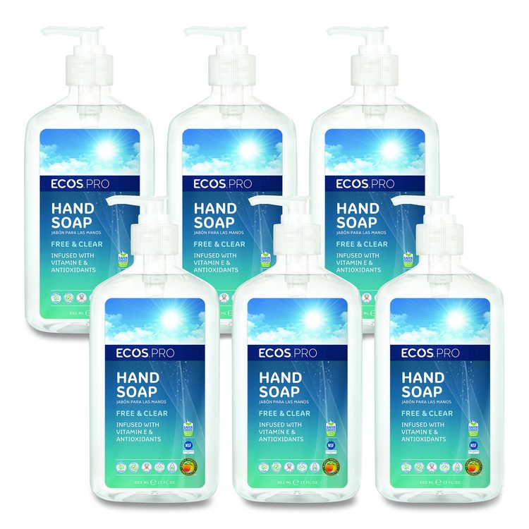 Liquid Hand Soap, Free and Clear Scent, 17 oz, 6/Carton
