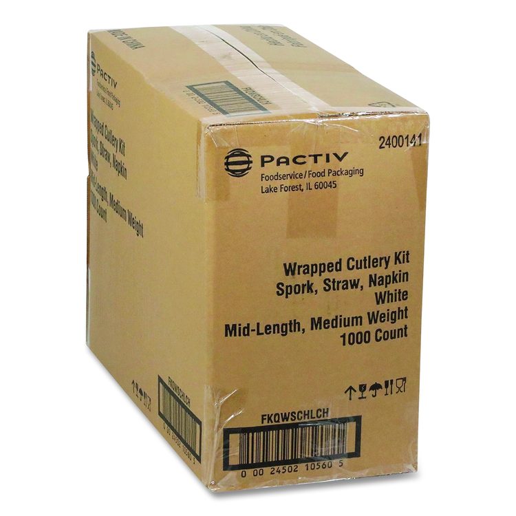 Fieldware Cutlery Kit, Mediumweight, Napkin/Spork/Straw, Plastic, White, 1,000/Carton