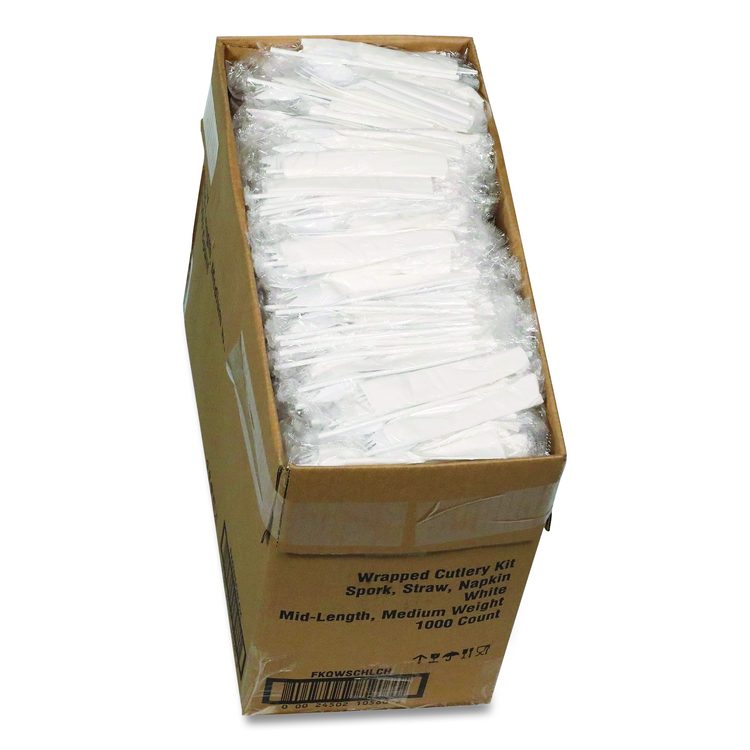 Fieldware Cutlery Kit, Mediumweight, Napkin/Spork/Straw, Plastic, White, 1,000/Carton