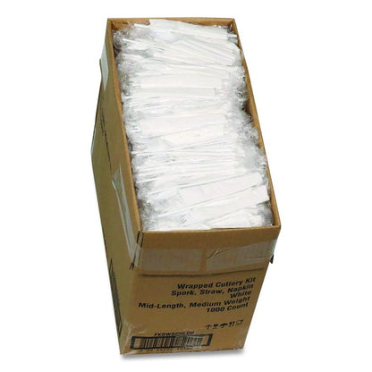 Fieldware Cutlery Kit, Mediumweight, Napkin/Spork/Straw, Plastic, White, 1,000/Carton