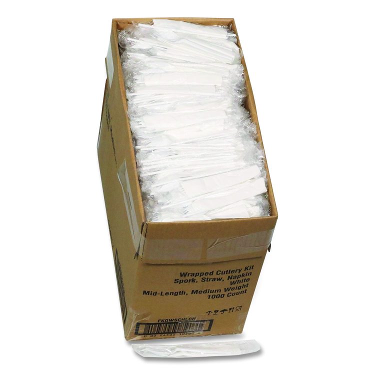 Fieldware Cutlery Kit, Mediumweight, Napkin/Spork/Straw, Plastic, White, 1,000/Carton