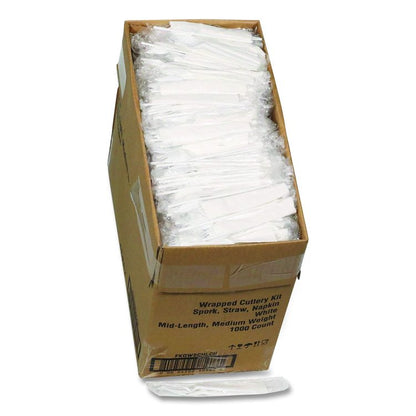 Fieldware Cutlery Kit, Mediumweight, Napkin/Spork/Straw, Plastic, White, 1,000/Carton