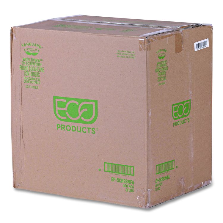 Vanguard Renewable and Compostable Sugarcane Containers, 3-Compartment Bowl, 28 oz, White, 400/Carton