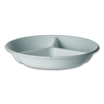 Vanguard Renewable and Compostable Sugarcane Containers, 3-Compartment Bowl, 28 oz, White, 400/Carton