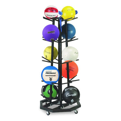 Deluxe Five-Row Mobile Medicine Ball Rack, Metal, 198 lb Capacity, 25" x 25" x 56", Black